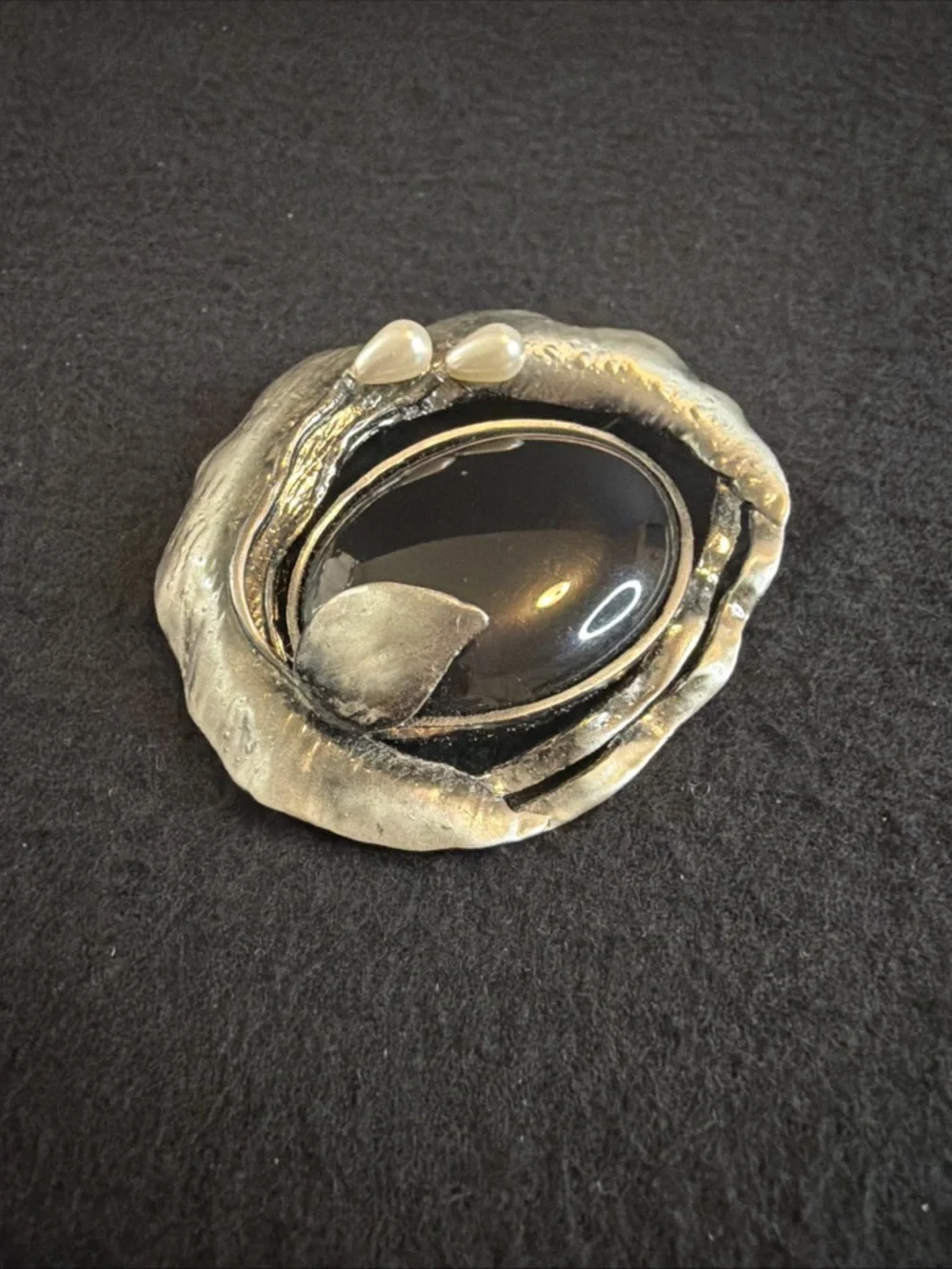 Vintage Artisan Silver-Tone Brooch with Black Cabochon and Pearl Accents